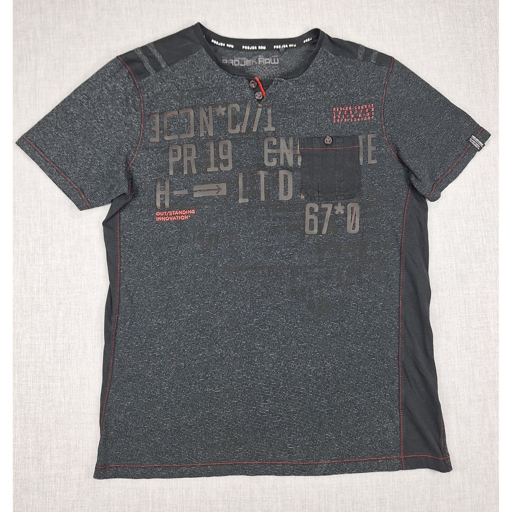 Projek Raw Mens Black Gray Space Dye Graphic Henley Short Sleeve Shirt Size M
